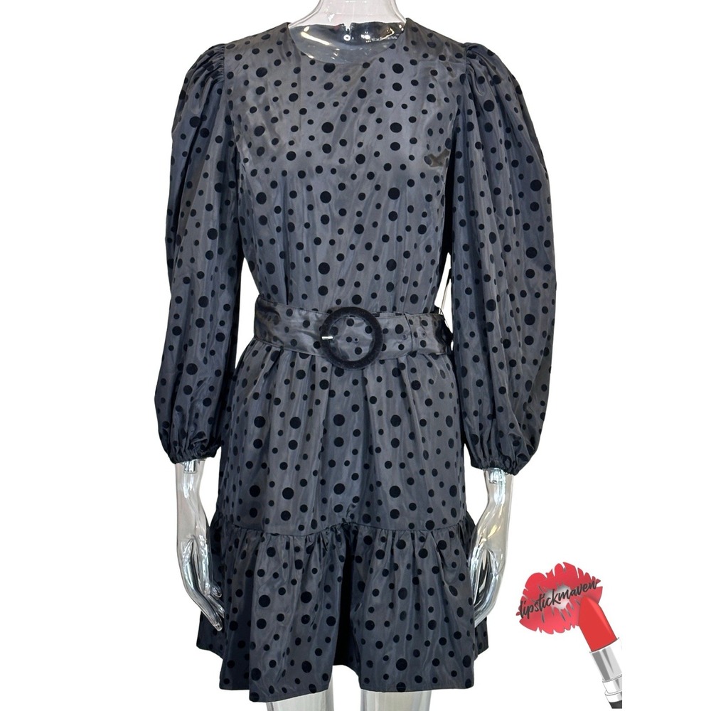 Express Dress Women‎ Medium Black Velvet Polka Dot Ruffle Hem Belted Puff Sleeve